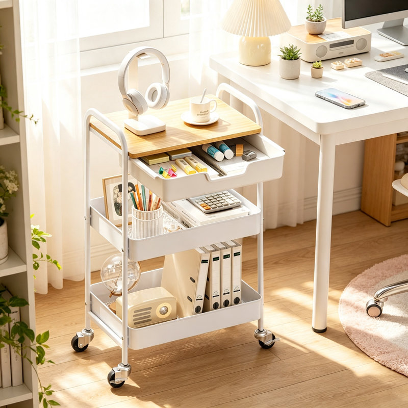 3 Tier Rolling Storage Trolley with Wooden Table Top and Drawer, Metal Utility Cart with Lockable Wheels for Kitchen Bathroom Office and Bedroom, White