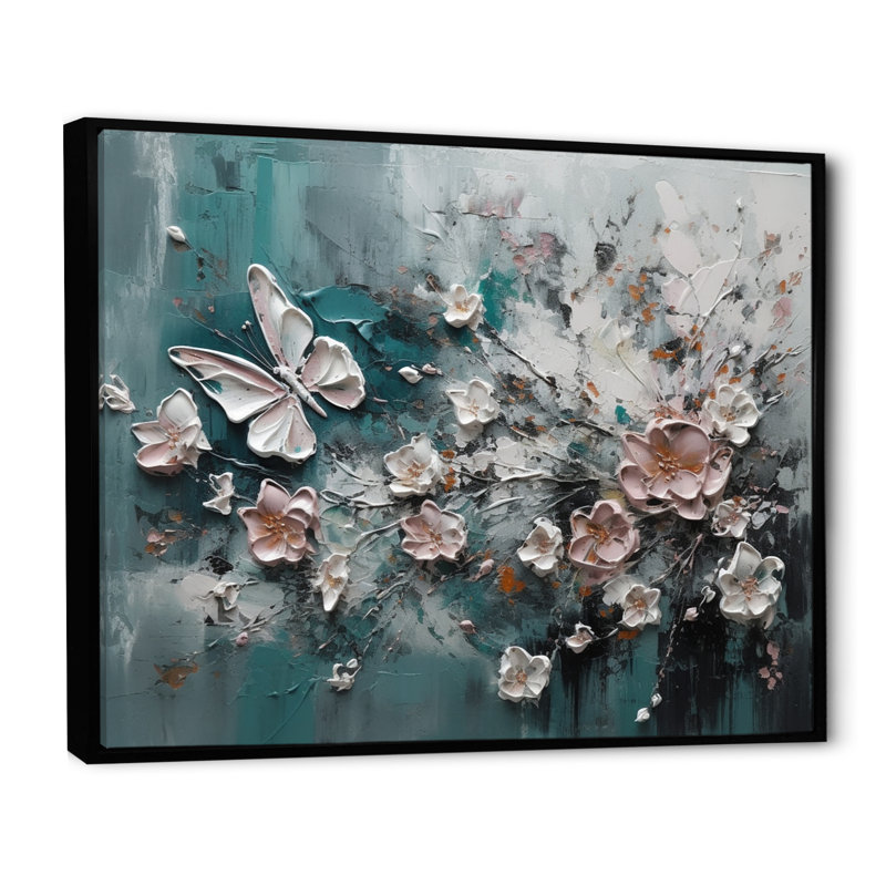 «Rozellia Flowers With Butterflies», reproduction d'art sur toile I, Cadre flottant noir, H 30 po x l 40 po x P 1,5 po