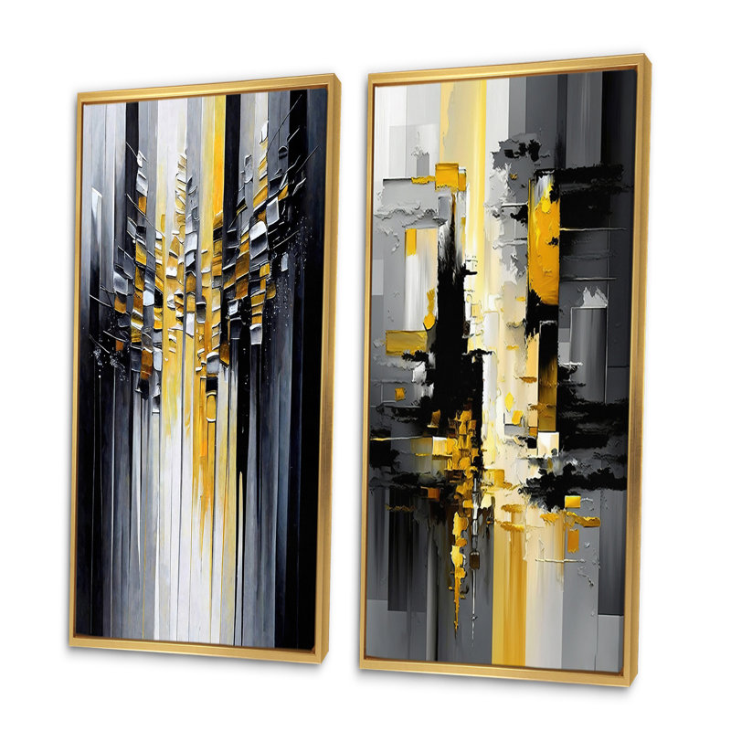 Art mural noir et jaune géométrique, ensemble de 2 pièces sur toile - abstrait géométrique noir et jaune III