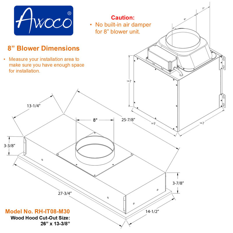 Hotte intégrée en acier inoxydable de 30 po avec filtre à chicane Awoco