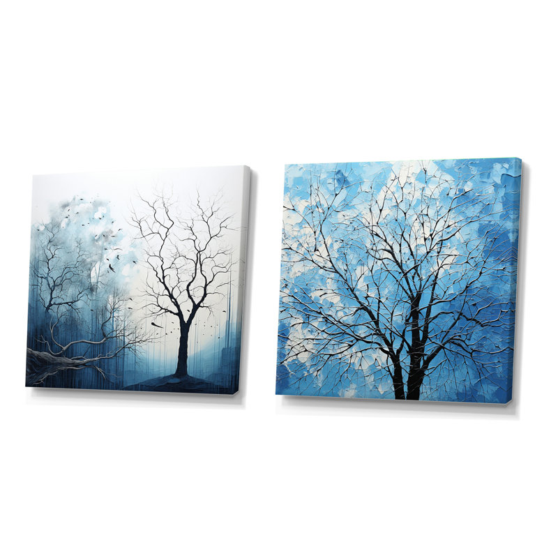 Minimalisme, arbre bleu, paysage - ensemble de 2 arbres carrés, Toile tendue, H 36 po x l 73 po