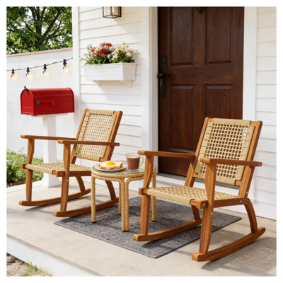 Ensemble de 2 chaises berçantes d'extérieur en bois d'acacia et en osier kaki