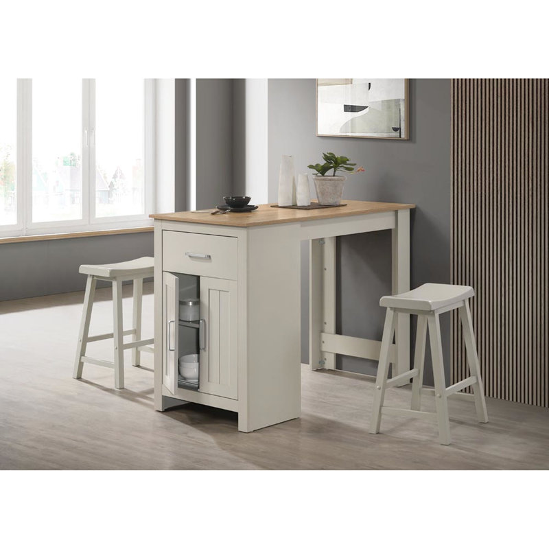 Table de salle à manger grise de 119 cm (47 po) et 2 tabourets confortables, fini chêne, placards, 1 tiroir, design gain de place avec table et placard, pour la maison