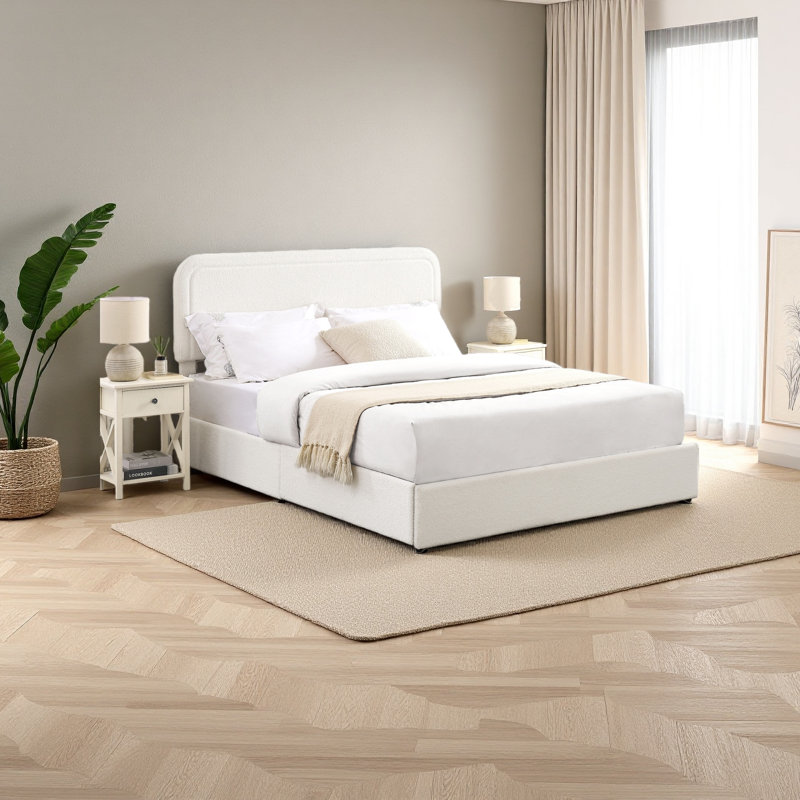 Lit plateforme tapissier grand format ivoire avec rangement breveté à 4 tiroirs, tête de lit capitonnée à coutures courbées, sommier à lattes en bois, aucun sommier nécessaire