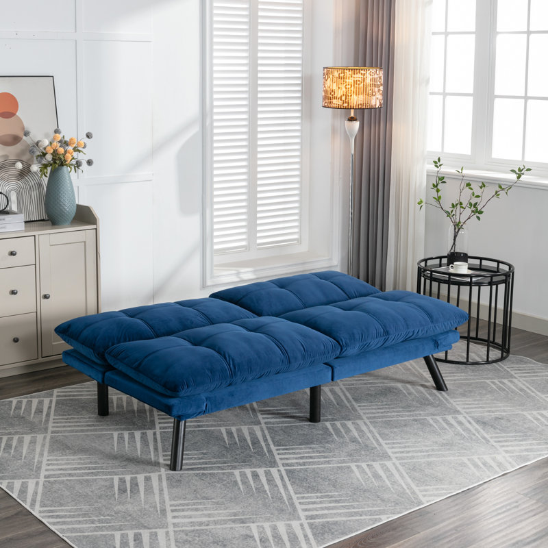 Lit 2 places en velours bleu marine avec siège mi-ferme et accoudoirs réglables, lit pliant convertible moderne, convient parfaitement aux petits espaces de vie
