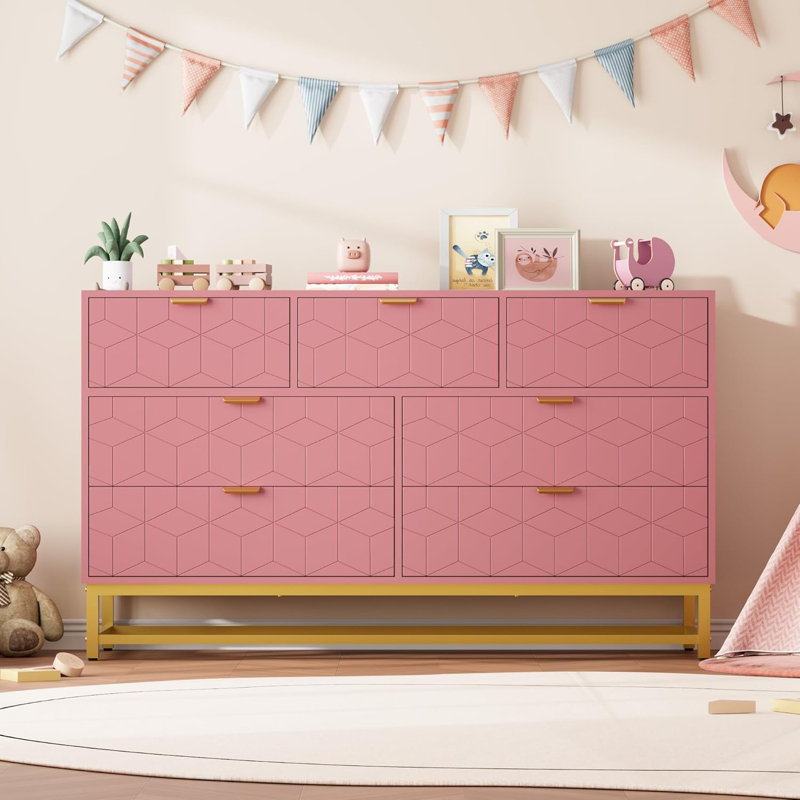 Commode rose à 7 tiroirs pour la chambre à coucher, grande commode de 53,5 po avec pieds en métal, commode moderne avec rangement large, commode pour chambre à coucher, salon, vestibule