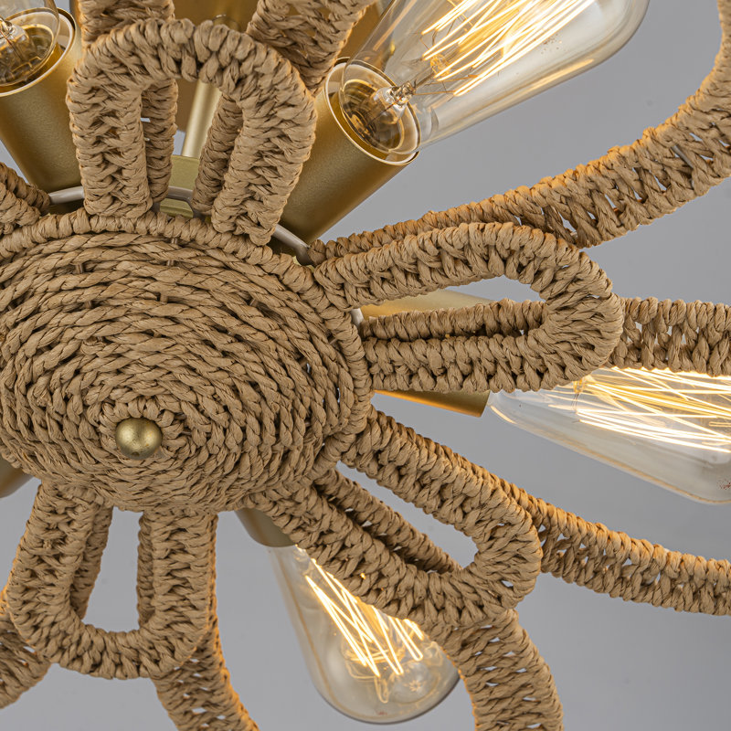 Jollain 6-Light Natural Rattan Coastal Semi-Flush Mount Chandelier
