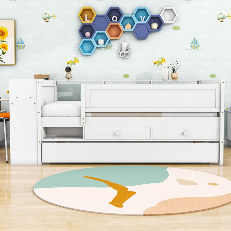 Twin Daybed with Trundle Wood with Built-in-Desk, White