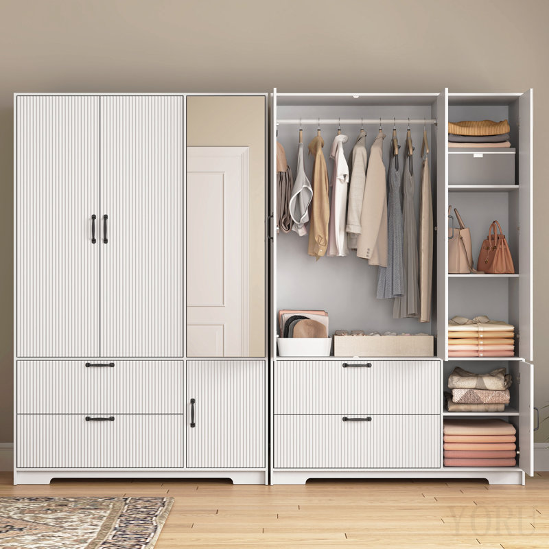 Armoire 4 portes avec miroir, armoire à DEL avec portes et 2 tiroirs, armoire de rangement en bois avec tringle, tablettes réglables, blanc