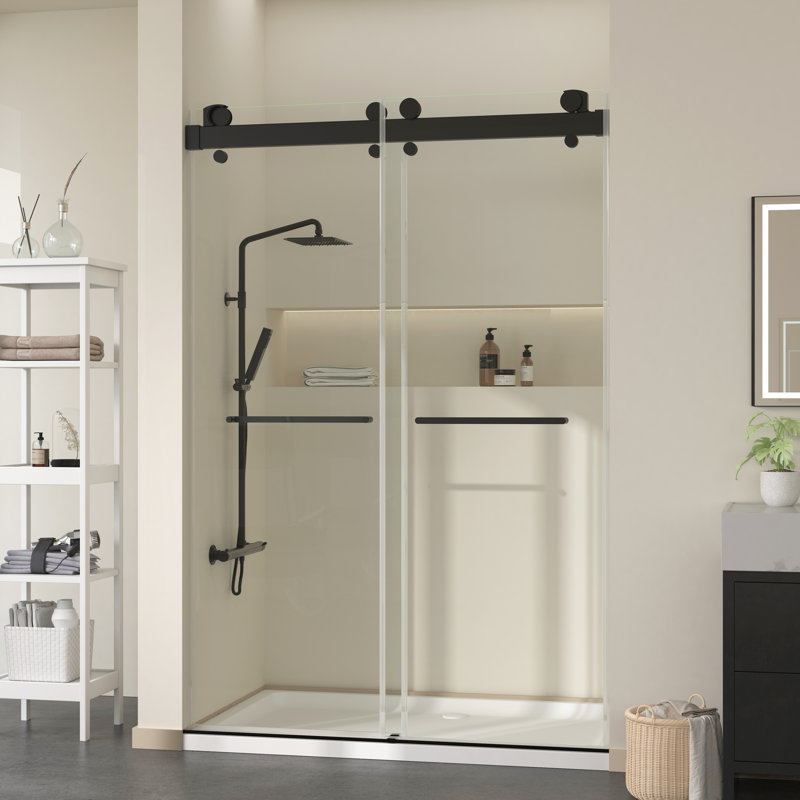 Gargy 57-60 in W x 78 in H Frameless Shower Door with Advanced Closing System, Matte Black, Dual Door Stops
