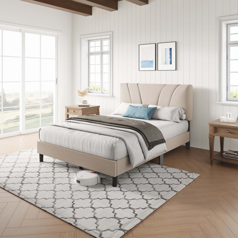 Upholstered Platform Bed with Adjustable Headboard, Queen, Beige, Adjustable Headboard