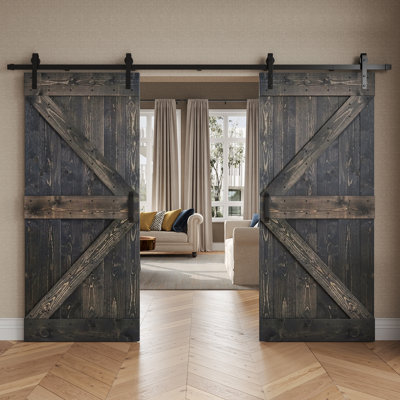 K Series Pine Wood Double Sliding Barn Door with Hardware Kit