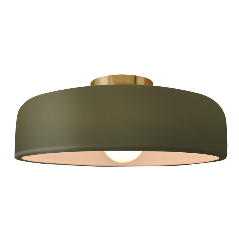 Dottie Ceramic LED Semi Flush Mount, Matte Green, Brushed Brass, 6.5" H x 16" W x 16" D