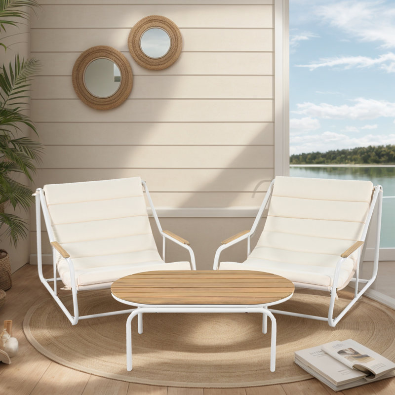 Ensemble 3 pièces de chaise longue d'extérieur avec table et coussins, Blanc