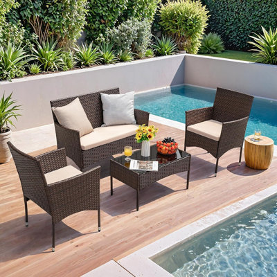 Ensemble de mobilier de jardin en rotin 4 pièces, chaises en osier avec coussins, brun et beige