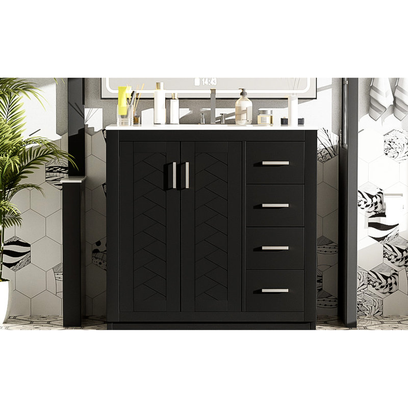 Meuble-lavabo 36 po avec lavabo en céramique: lavabo en bois massif