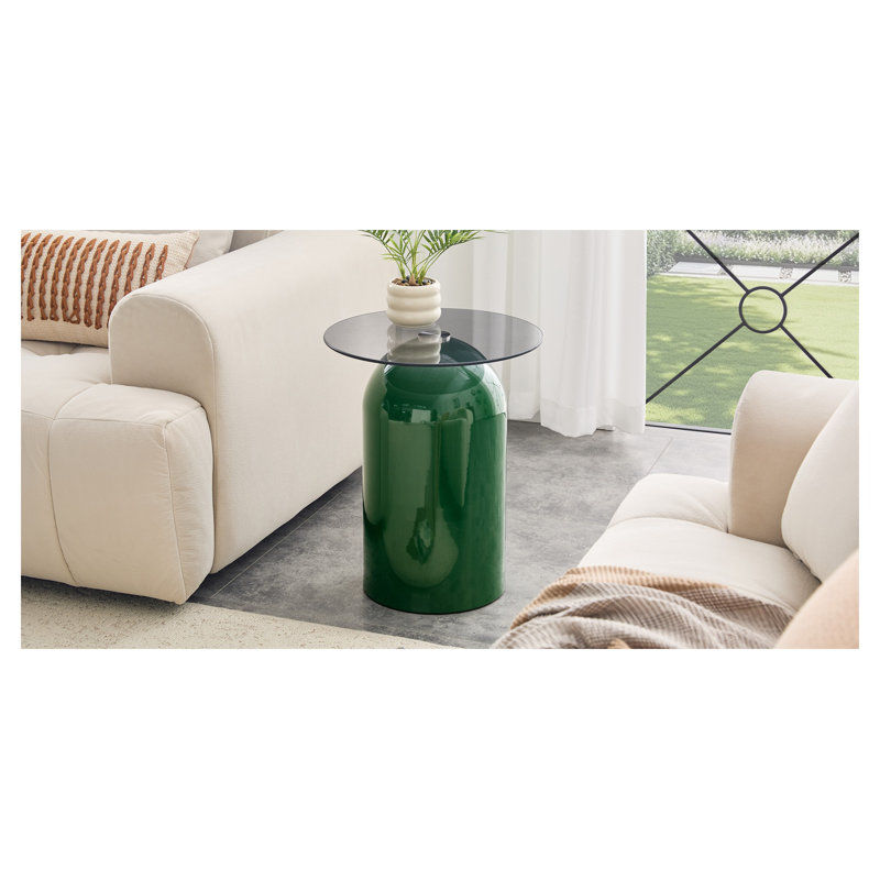 Table basse ronde en verre avec base verte, 15,7 pouces de diamètre