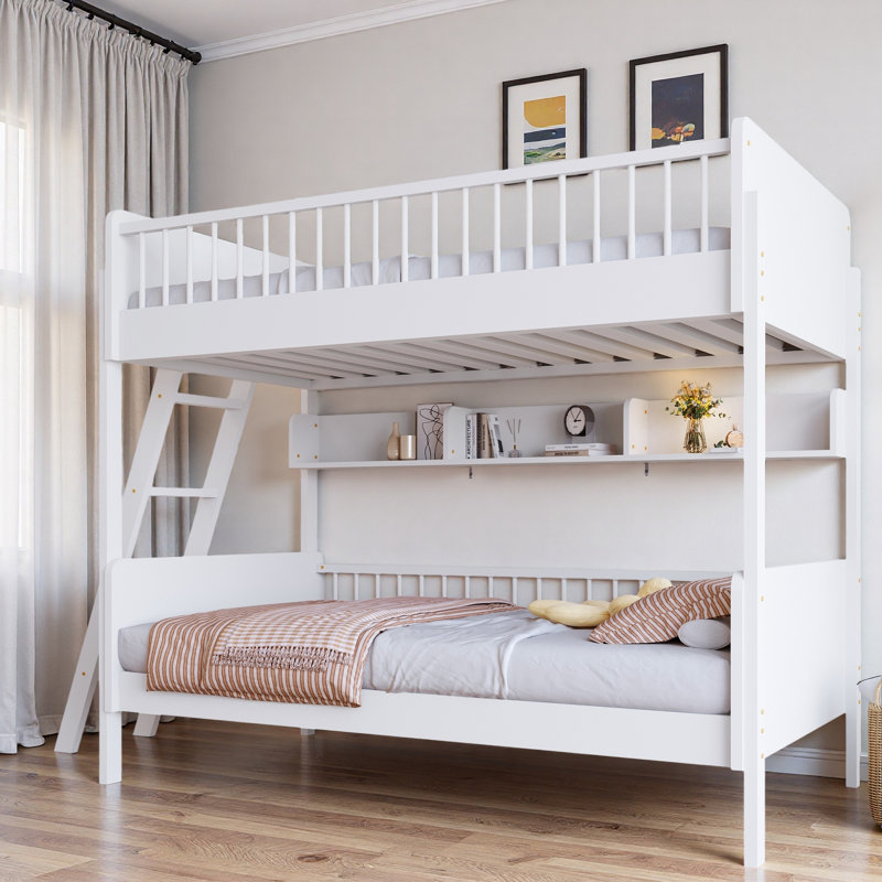 Lit superposé en bois avec 3 tablettes de rangement et échelle interchangeable, Blanc