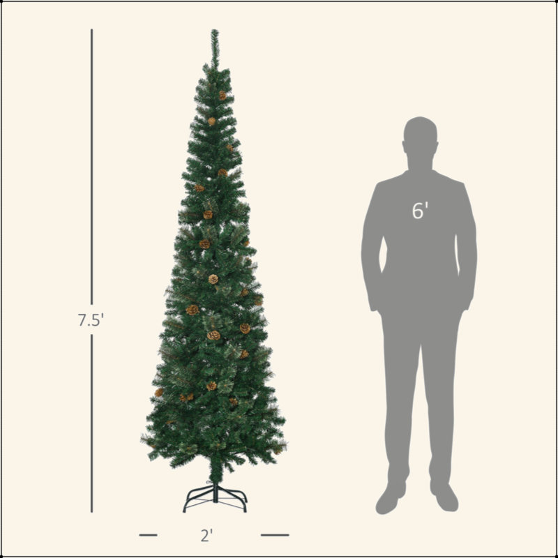 Arbre de Noël artificiel 7,5 pi, aiguilles de pin fines avec branches réalistes, pommes de pin, base en métal, vert