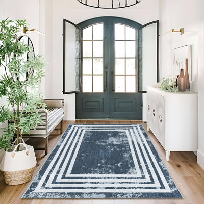 Tapis bleu multi-bordures pour le salon, doux et confortable, adapté à toutes les saisons, facile à entretenir, tapis de sol intérieur lavable à la machine, sous la table de ferme convenant à la chambre à coucher, à la salle à manger, au bureau, au patio, au balcon, à la maison