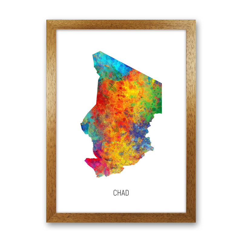 Chad Watercolour Map by Michael Tompsett - Print, 46cm H x 34cm W x 3cm D, Brown Framed