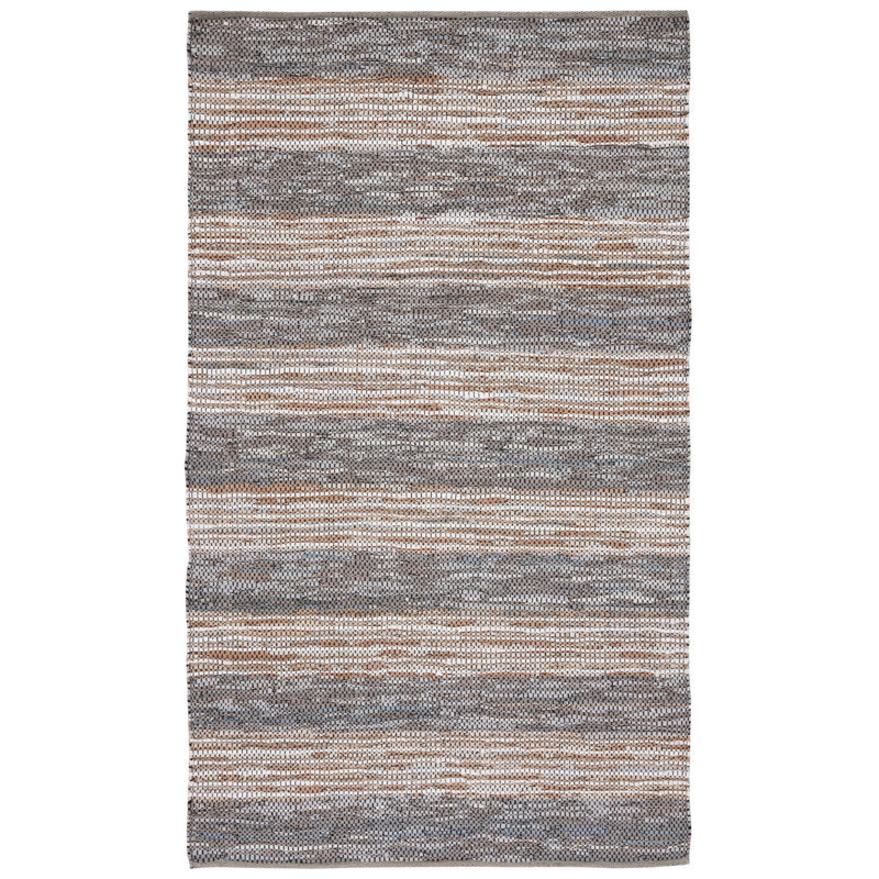 Gerelene Vintage Leather Hand Woven Leather/Jute Striped Rug in Grey/Natural, Rectangle 5' x 8'