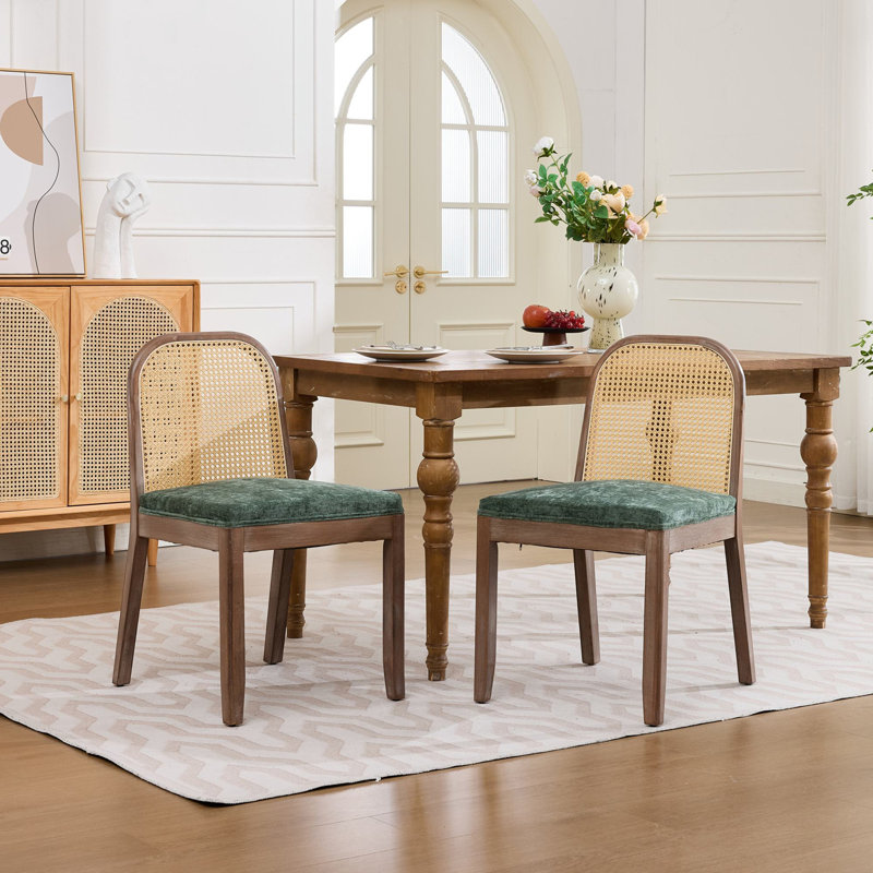 Ensemble de 2 chaises de salle à manger courbées arquées à dossier en canne, chaises d'appoint de style campagne Mid-Century, structure en bois massif vieilli, coussin en chenille avec ressort en S et éponge, chaises d'appoint sans accoudoirs pour la cuisine