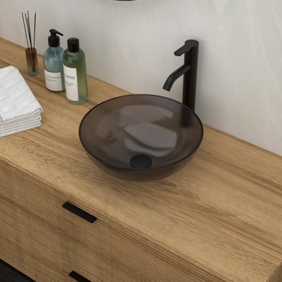 Bathroom Sink With Grey Tempered Glass And Alluring Pop-Up Drain, 15.52X15.52X5.19 In Vessel