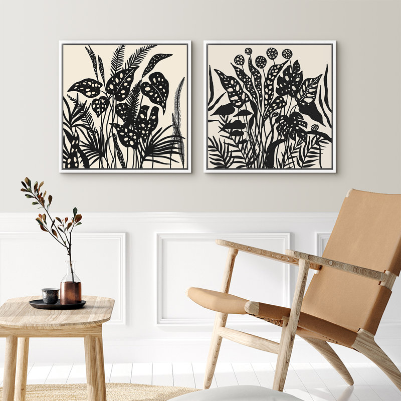 "Black Botanical Silhouette", ensemble de 2 reproductions d'art sur toile, H 16 po x l 16 po, Blanc