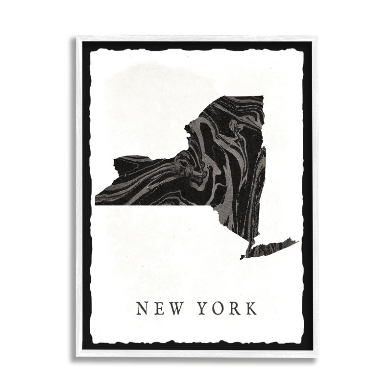 « marbleed paper new york state silhouette », impression, H 14 po x l 11 po x P 1,5 po, Giclée encadrée blanc bord de mer