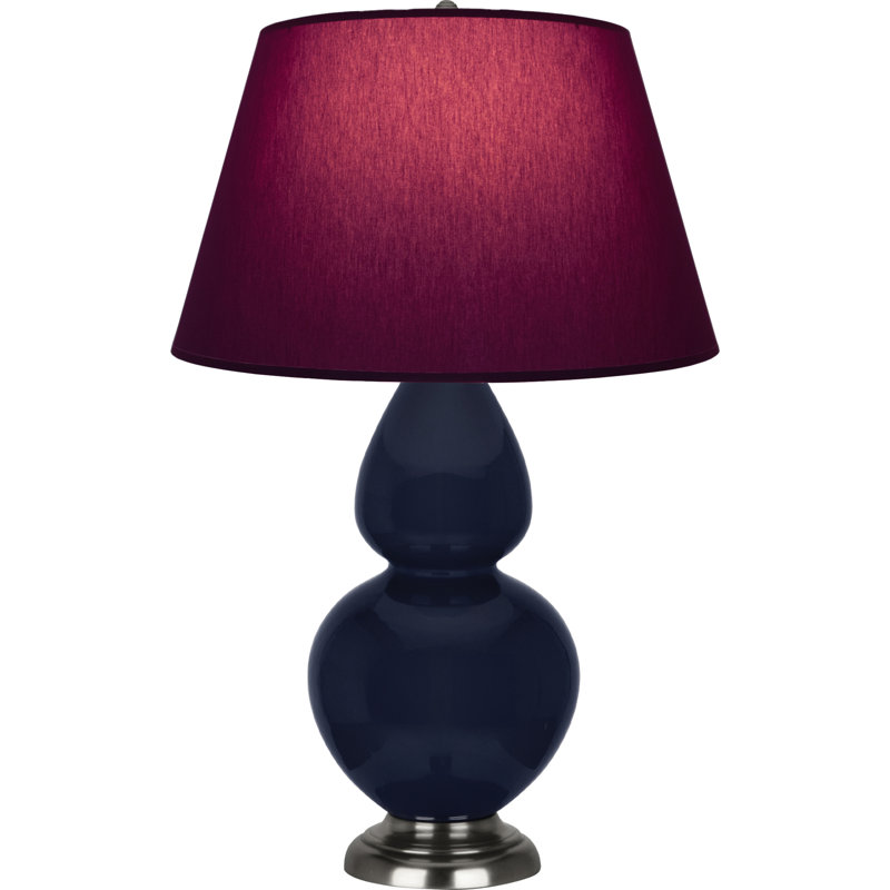 Lampe de table double gourde en céramique, Bleu minuit émaillé / argent antique, Prune / lavande, Argent argent