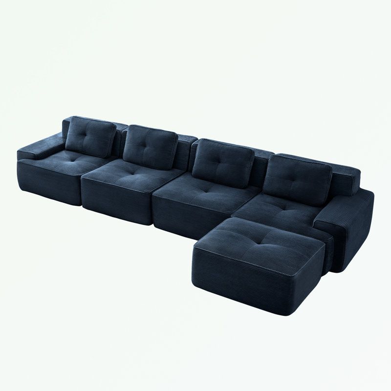 Canapé modulaire en L en velours côtelé avec coussin moelleux et repose-pieds mobile, Velours côtelé bleu