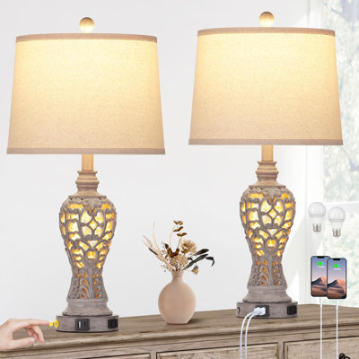 Farmhouse Table Lamps Set Of 2 With Nightlight, 3 Way Touch Control Rustic Bedside Lamps With USB A+C Ports & AC Outlet, Nightstand Lamps For Bedroom Living Room