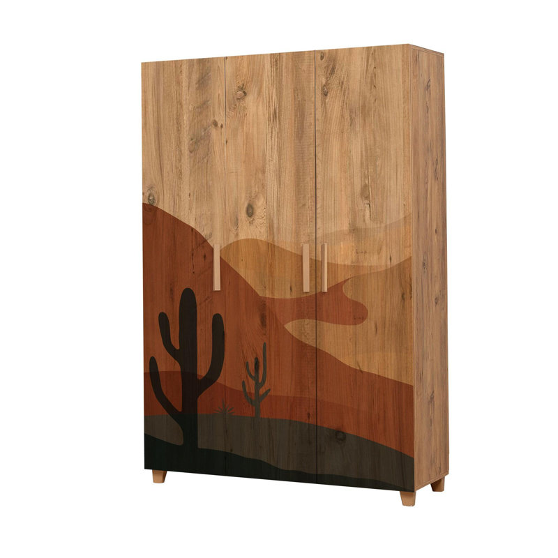 Stylish Wardrobe with Numerous Shelves, Atlantic Pine Finish, 47.2 x 74.4 x 18.9 inches | 100% Melamine Coated Particle Board, PVC Edge Banding, MDF Handles | Wall Mountable for Extra Storage, Abstract Southwestern Design