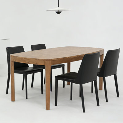 Adden Mid-century Modern Solid Wood Dining Table With Figured Burl Veneer Top, Oak Finish, Curved Edge Design
