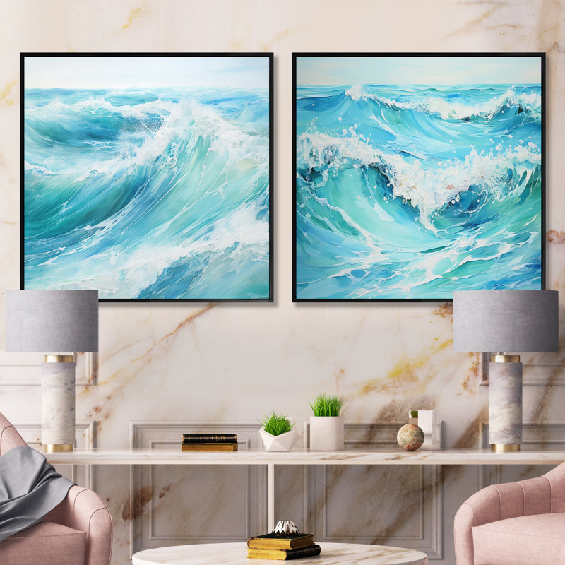 «Ocean Charm», ensemble de 2 collages carrés carrés, Cadre flottant noir, H 16 po x l 33 po