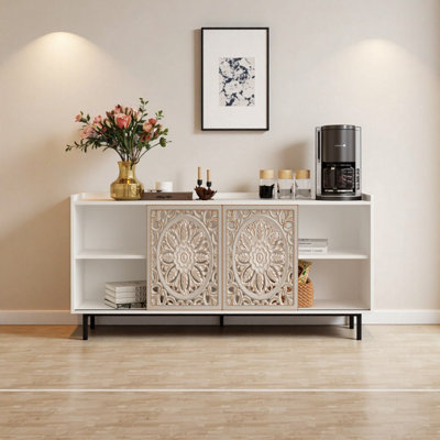 Buffet Mid-Century ciselé à la main et meuble télé - Finition blanc vieilli, Buffet de rangement multifonctionnel