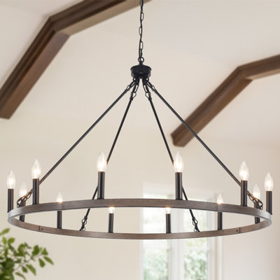 Moomal 12-Light Farmhouse Candle Dimmable Wagon Wheel Chandelier for Living Room Kitchen Island Dining Foyer