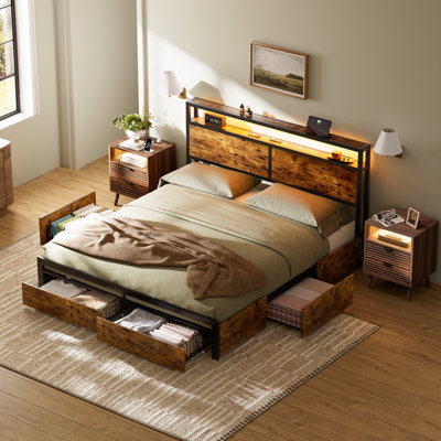 3 Piece Bedroom Set,Platform Bed With 4 Storage Drawers & 2 Nightstands With Multi-Port Charging
