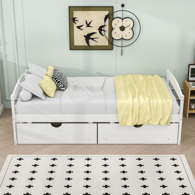 Lit plateforme simple en bois 2 tiroirs avec tête et pied de lit, Blanc