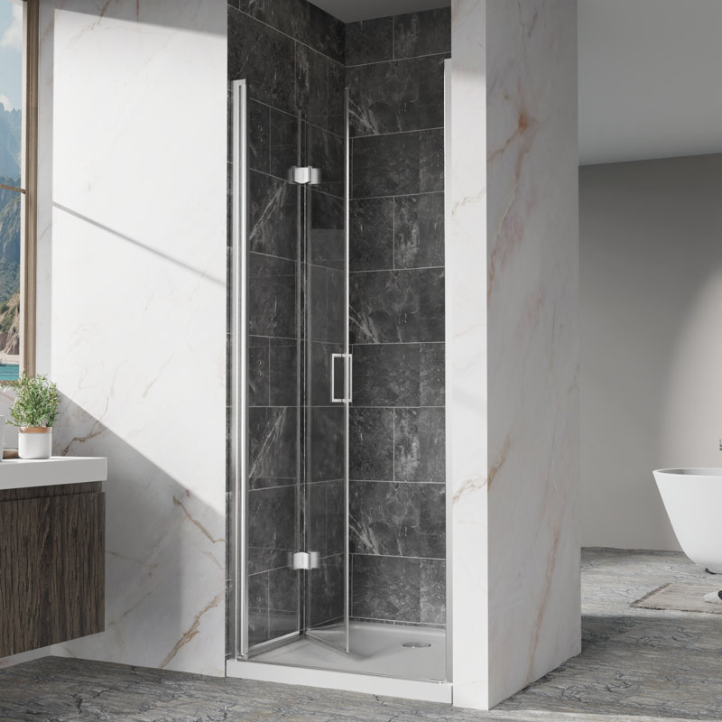 32 - 33 In. W Bi Fold Swing Pivot Glass Shower Door With 6mm Tempered Glass, Corrosion Hinges, And Waterproof Design Inches Wide Aluminum Frame, Reversible Installation, Water Stain Minimization