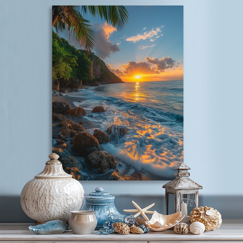 Photo panoramique de la plage rocheuse au lever du soleil III - Décoration murale plage, Métal métal