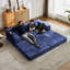Lit de compression bleu foncé, convertible 2 places au sol avec cadre à forme fixe, tissu chenille, modulaire à monter soi-même pour petits espaces, lit sans ossature pour appartements