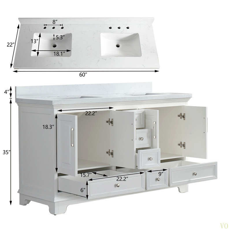 Meuble-lavabo double autoportant de 60 po avec pierre artificielle entièrement assemblé, Blanc