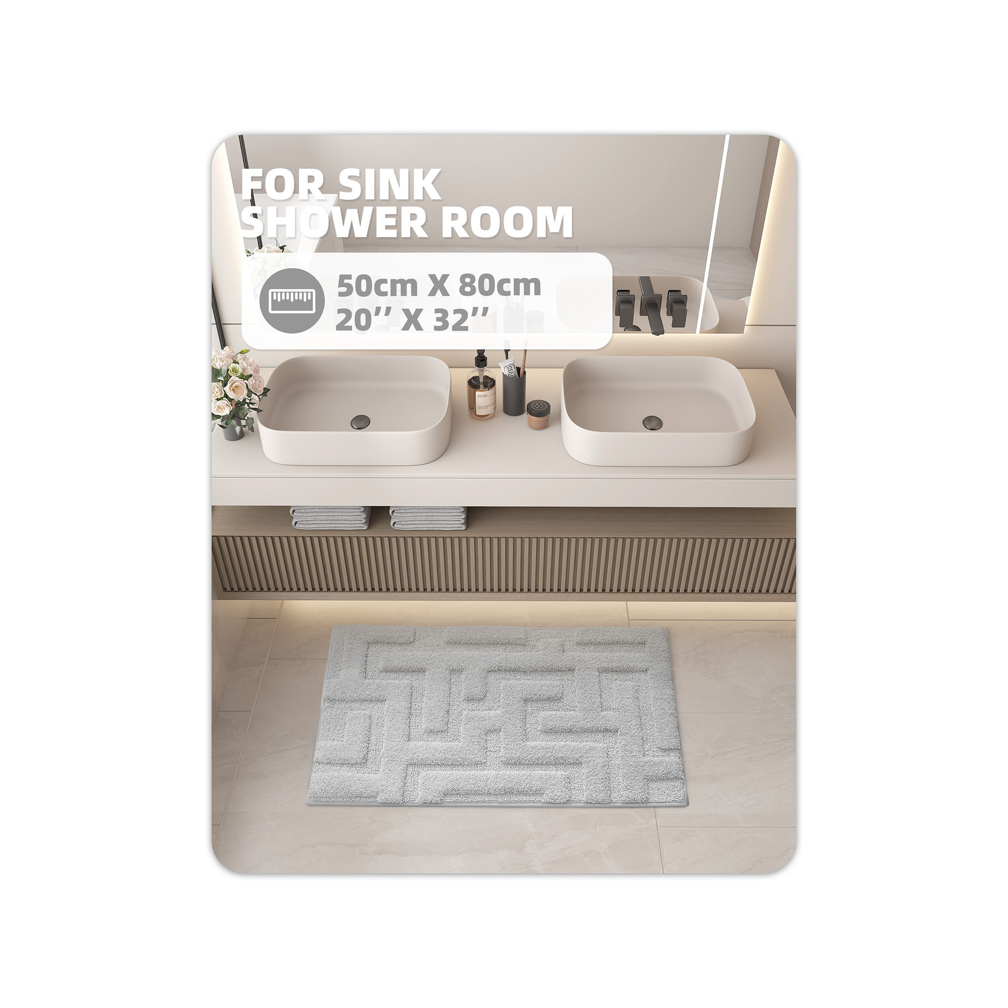 Non-Slip Bath Rug, 20" L x 32" W, Gray
