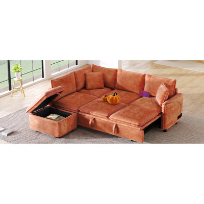 Lit de salon orange avec rangement et oreillers - Canapé d'angle convertible confortable et pratique avec prises électriques