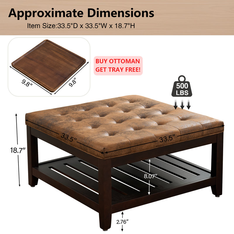 Repose-pieds de cocktail carré 33,5 po de large avec plateau libre, Brown Faux Leather