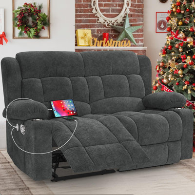 Loveseat Recliner Sofa, Fabric Manual Pull Tab Reclining Loveseat with USB Charge Ports, Cup Holders, Recliner Love Seat Couches for Living Room, RV,