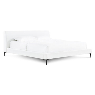 Très grand lit plateforme Mid-Century tissé, structure en bois massif et contreplaqué, tête de lit rembourrée de mousse, lattes flexibles, aucun sommier tapissier requis, pieds en acier inoxydable noir mat, position du matelas 1,2 po, crème