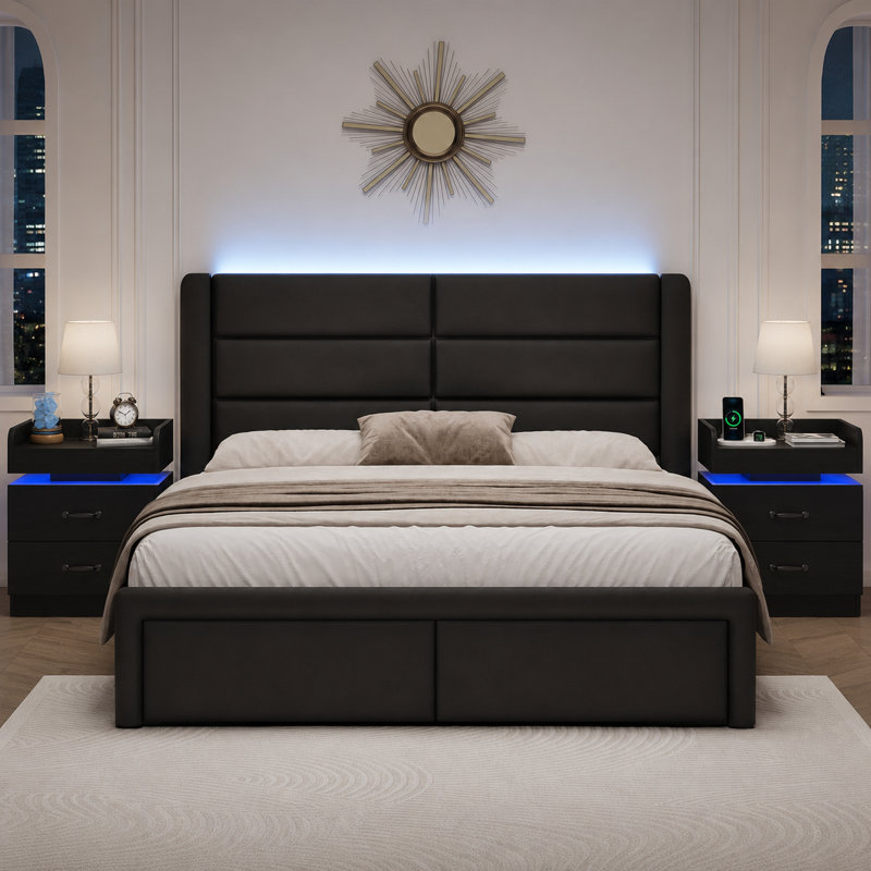 Structure de lit tapissier en similicuir avec tête de lit + table de chevet à 2 tiroirs avec station de charge, ports et prises USB, ensemble complet de chambre à coucher 3 pièces